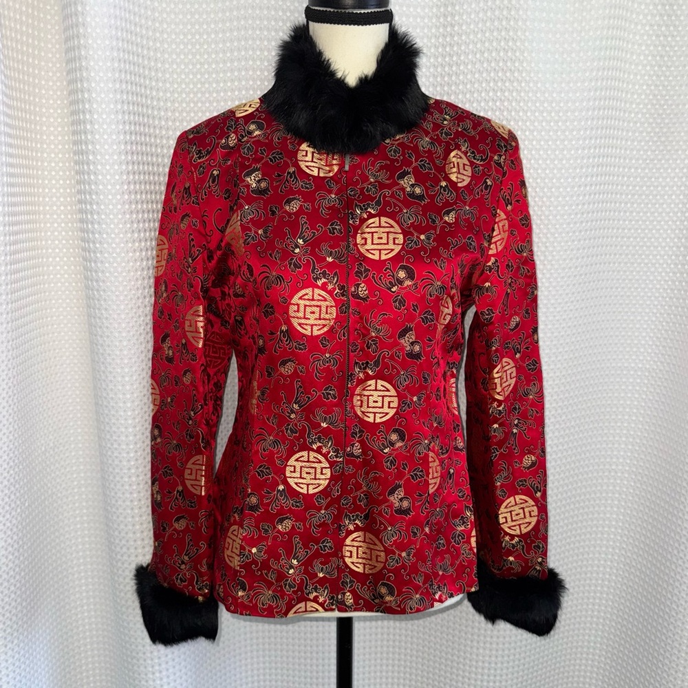 Chinese Silk Blend‎ Jacket Rabbit Fur Collar Red Tailored blazer sz L /US Small
